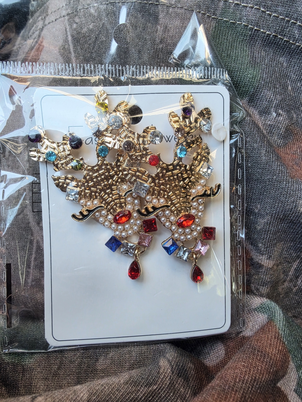 Gold Reindeer Drop Earrings with Multicolor Stones